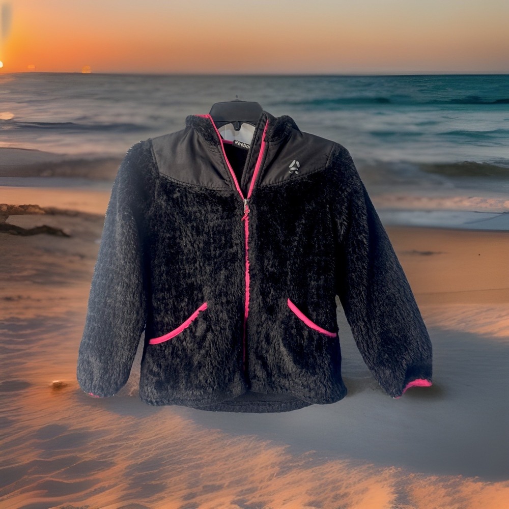 Reebok kids Girls Black Faux Fur‎ Hooded Fleece Jacket Pink Trim, Size S (7/8)